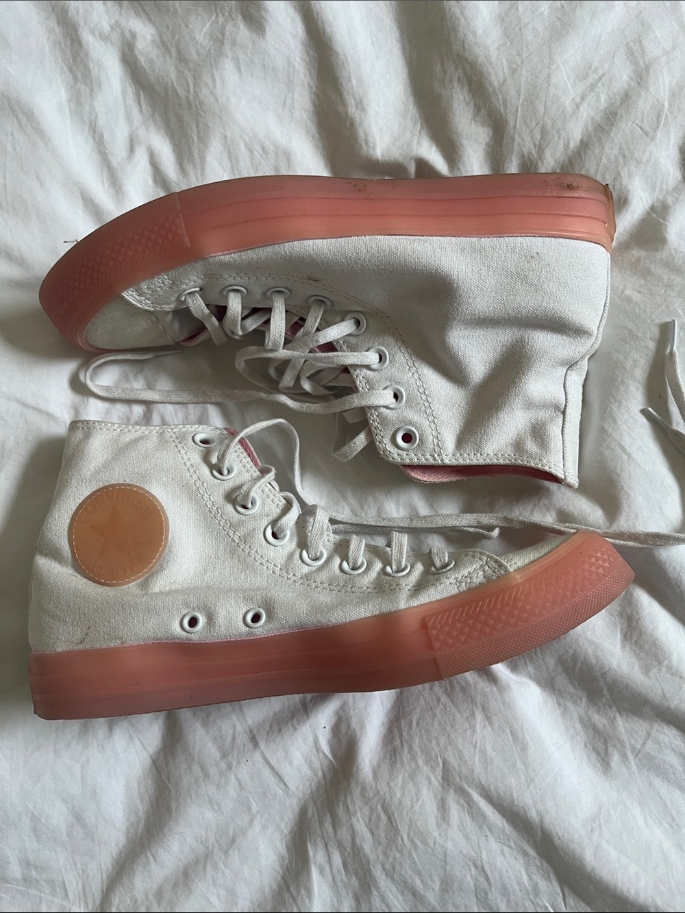 Converse high top white canvas pink rubber two tone shoes